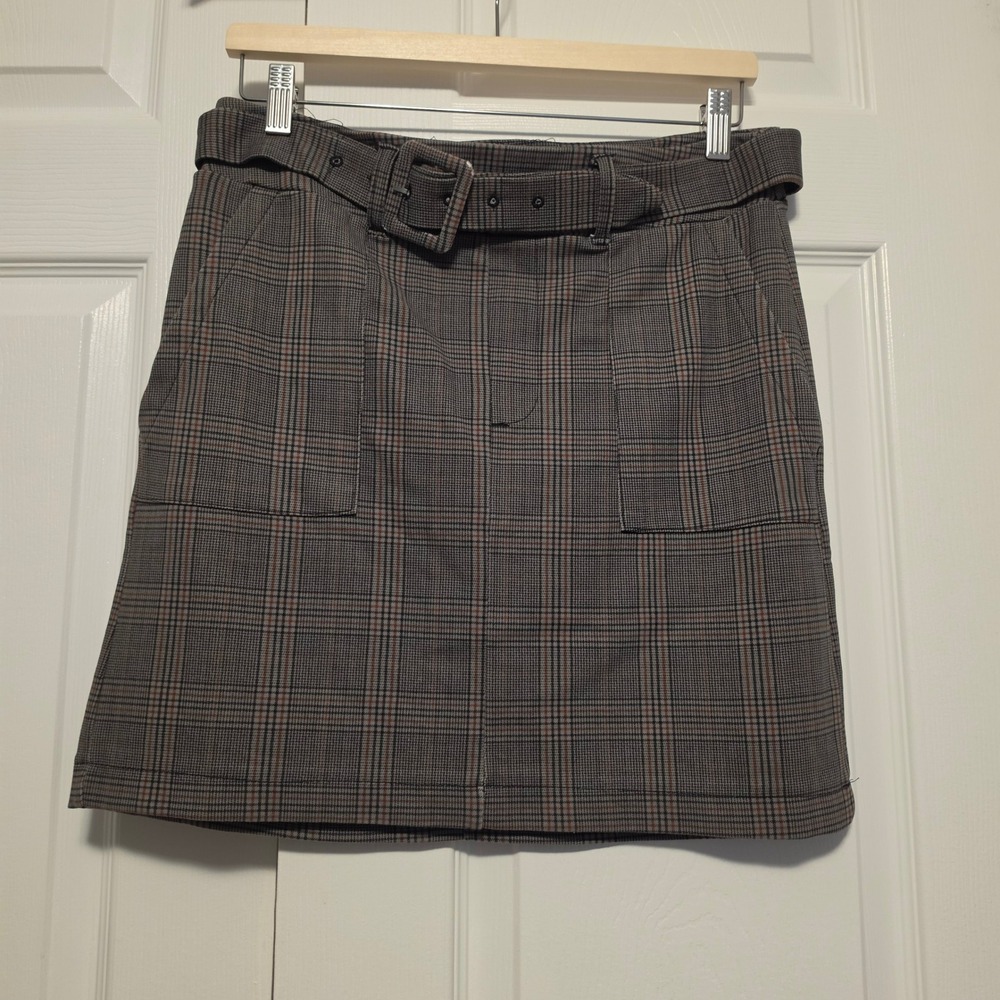 Tag Plaid Glen Check Belted Mini Skirt Grey Brown Size 2